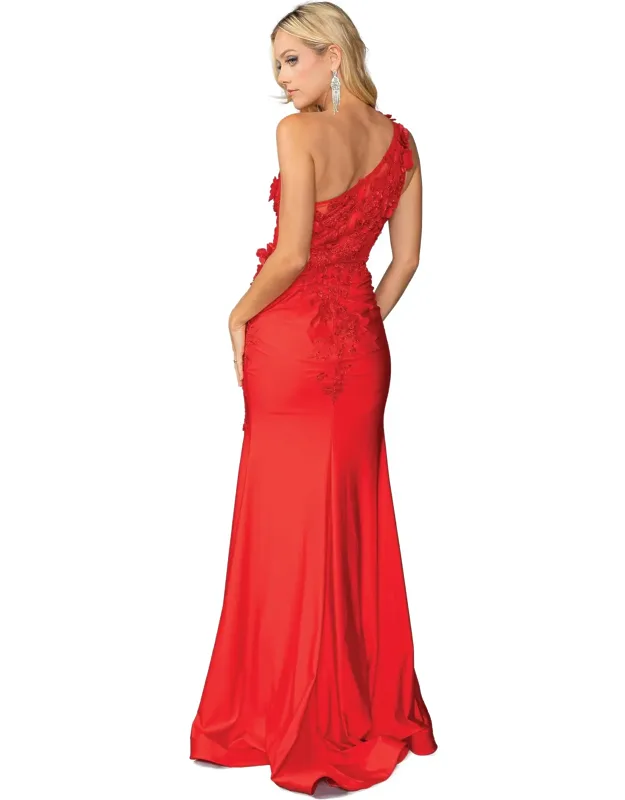 One-shoulder Appliqued Gown With Side Ruching And Sweep Train