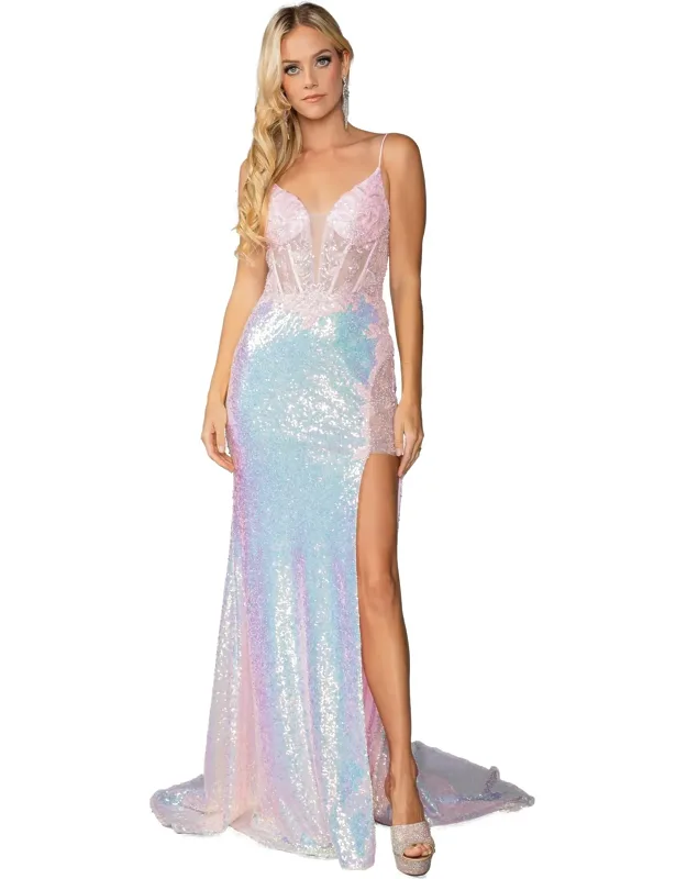Shimmering Sequin Gown With Sheer Bodice And Thigh-high Slit