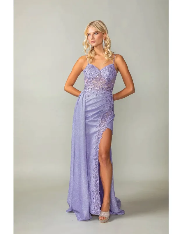 Spaghetti Strap Glitter Gown With Lace-up Back And Cascading Side Ruffle Prom Dress