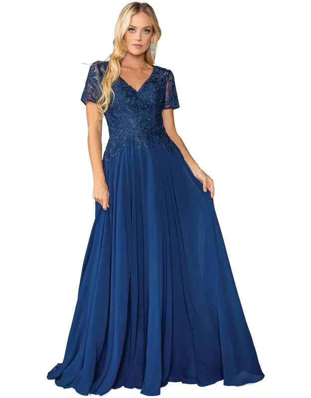 Lace-embellished Bodice Chiffon Gown With Short Sleeves And V-neckline