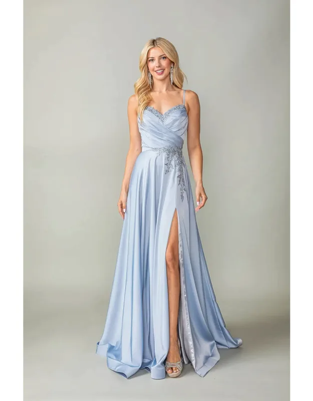 Satin Ball Gown With Embroidered Waist And Lace-up Back Prom Dress