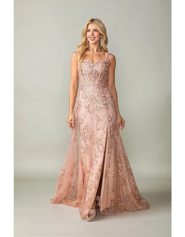 Lace Embroidered Gown With Sheer Overlay And High Slit