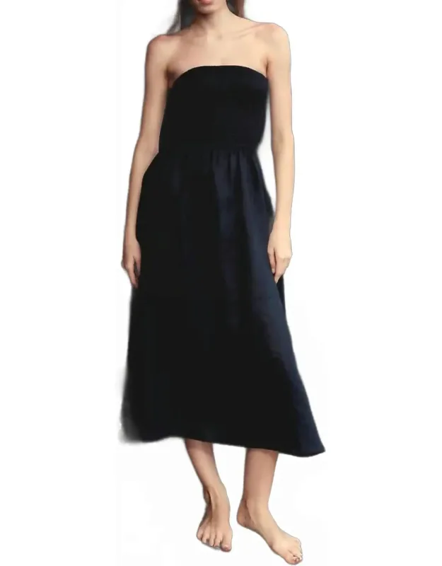 Shirred Linen Tube Midi Dress