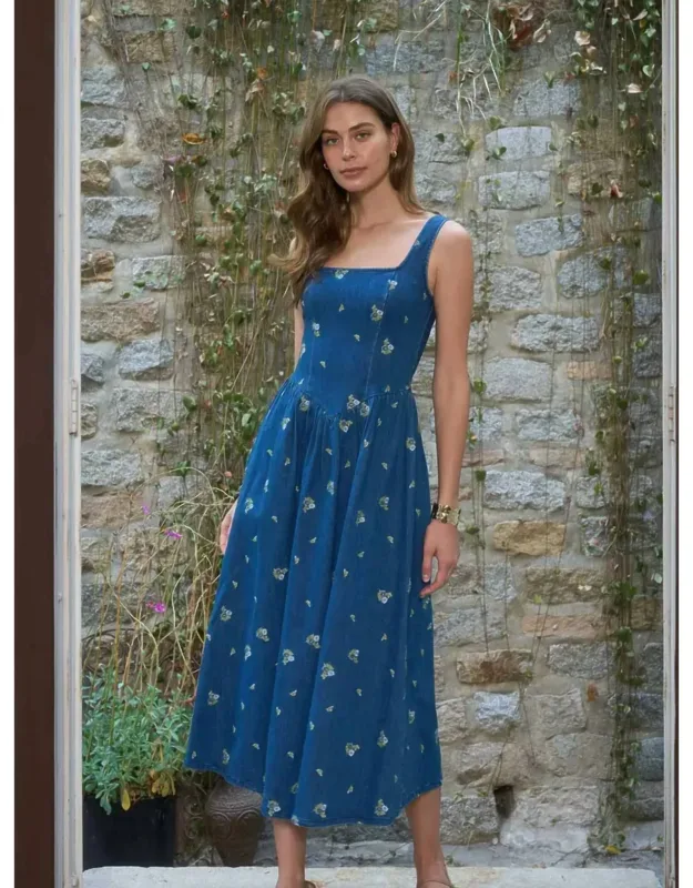 Sleeveless Square Neck Floral Embroidery Detail Denim Midi Dress