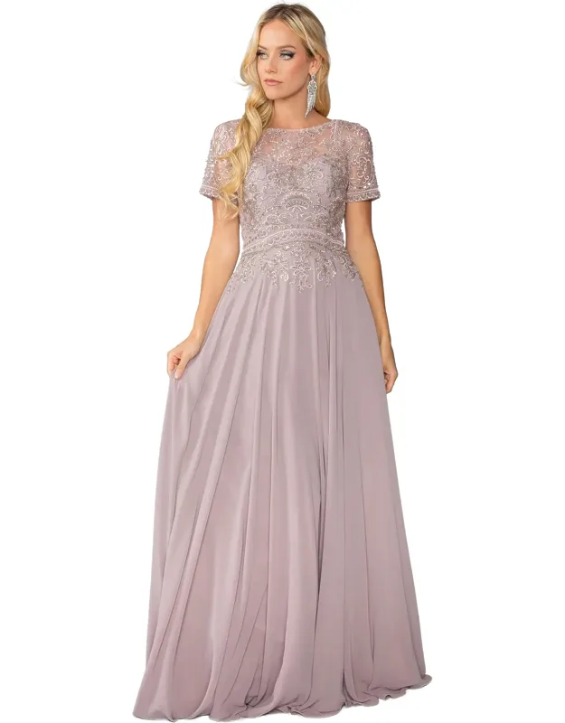 Lace-embellished Chiffon Gown With Cap Sleeves And Gathered Waist