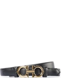 Narrow Leather Belt With Double Gancini Buckles