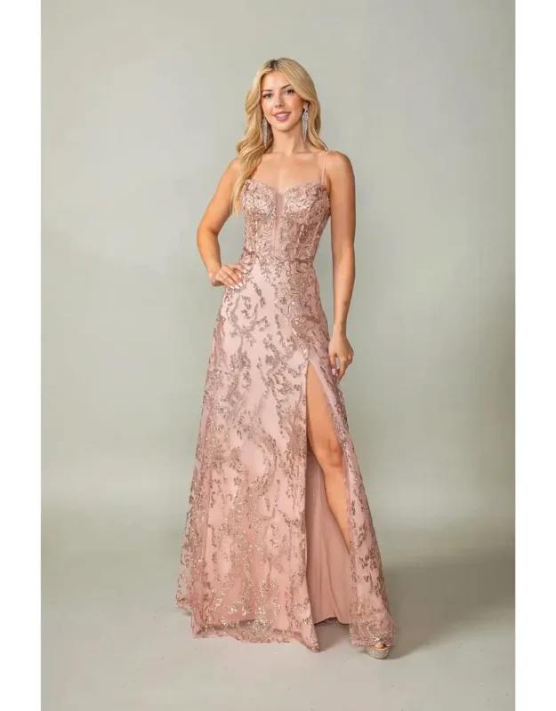 Embroidered Floral Lace Gown With Beaded Accents And Sheer Overlay