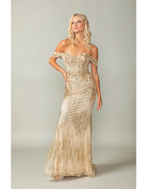 Embellished Off-shoulder Sweetheart Gown With Sequin Overlay And Floor-length Hem