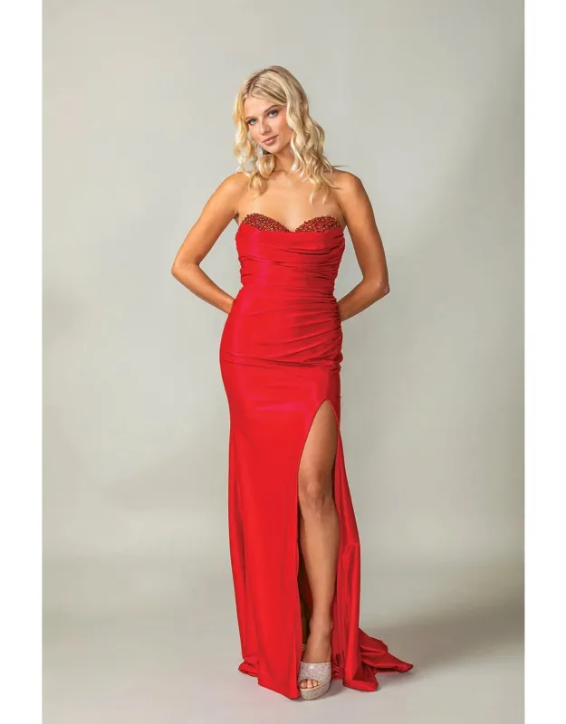 Strapless Satin Mermaid Gown With Ruched Waist And Sweep Train