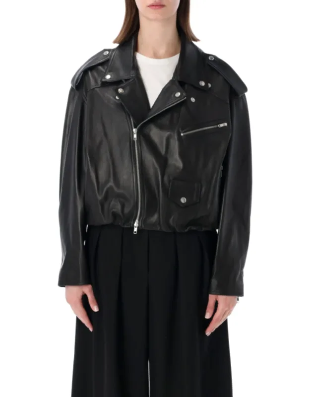 Elastic Hem Leather Bomber Jacket