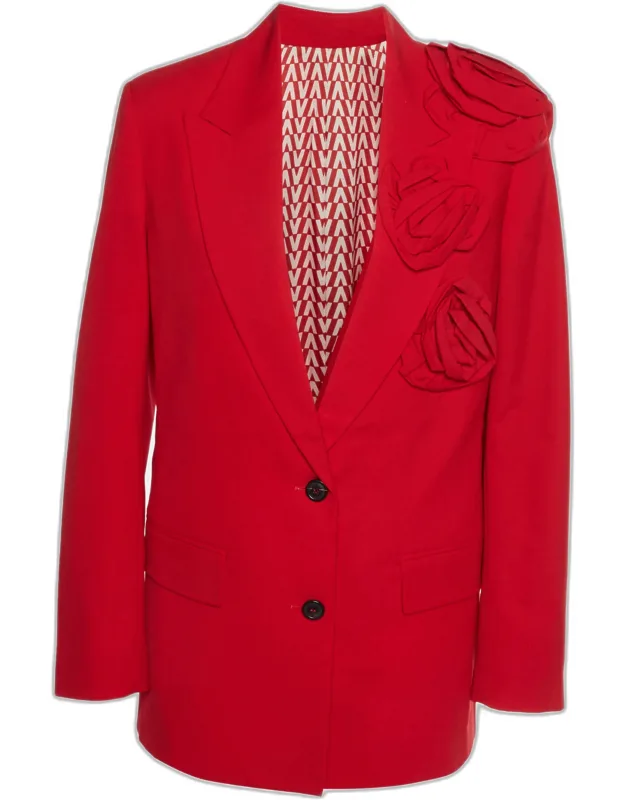 Red Floral Appliqué Wool Blend Single Breasted Blazer