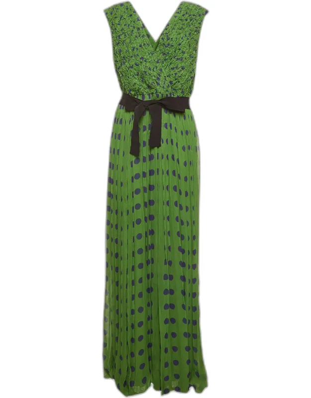 Polka Dot Print Chiffon Plissé Maxi Dress