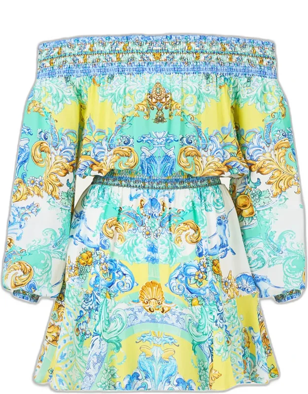 Dial Up The Tiles Mini Dress With Crystal Embellishments, Off-the-shoulder Neckline