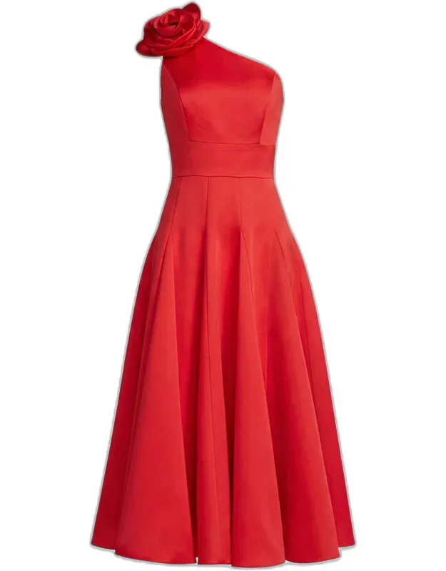 3d Floral Satin Fit & Flare Midi Dress
