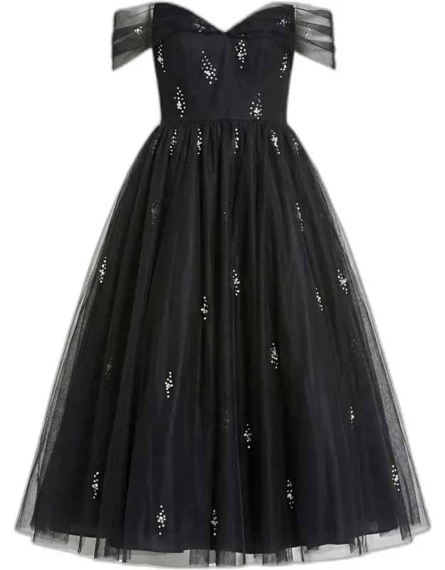 Embellished Off-the-shoulder Cocktail Midi Dress