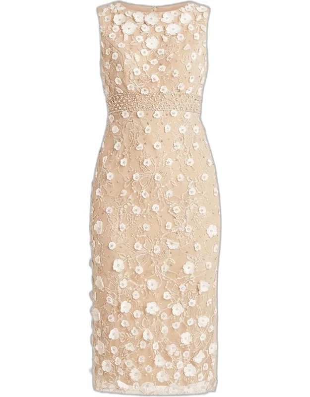 Floral-appliqué Sleeveless Sheath Cocktail Dress