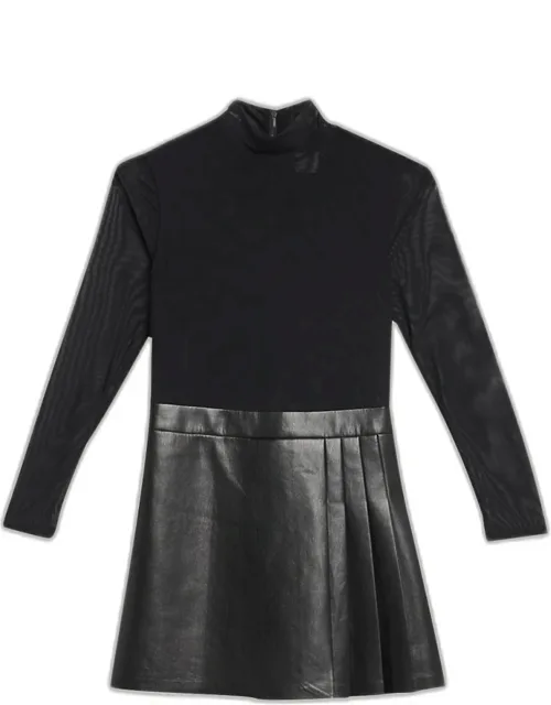 Chara Long-sleeve Vegan Leather Pleated Mini Dress