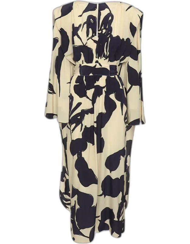 Light Beige/dark Blue Printed Silk Ancient Tropics Removable Sleeve Maxi Dress