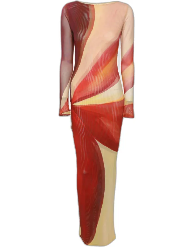 Multicolor Printed Mesh Aphrodite Long Sleeve Dress
