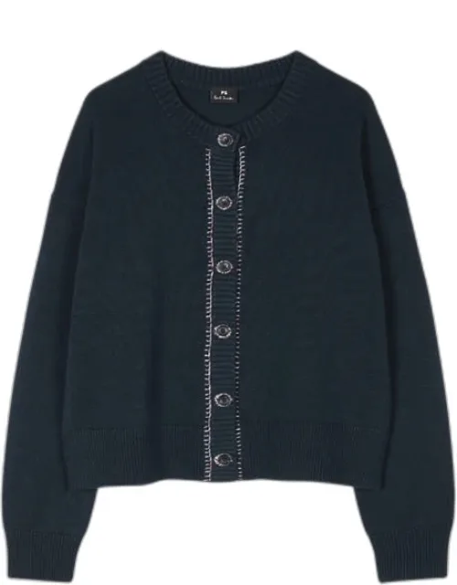 Contrast-stitched Placket Knitted Cardigan