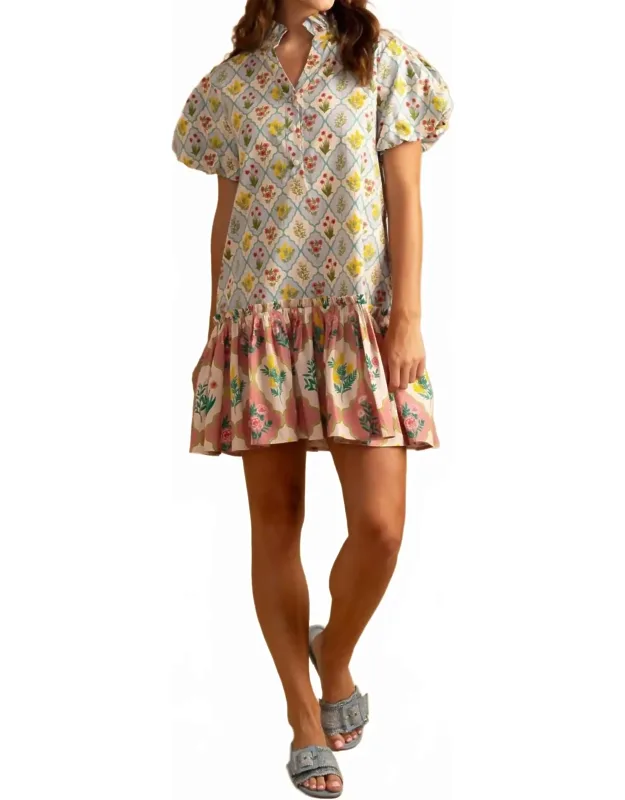 Gia Mini Dress In Combo Blossom With Puff Sleeves And Ruffled Mock Neck