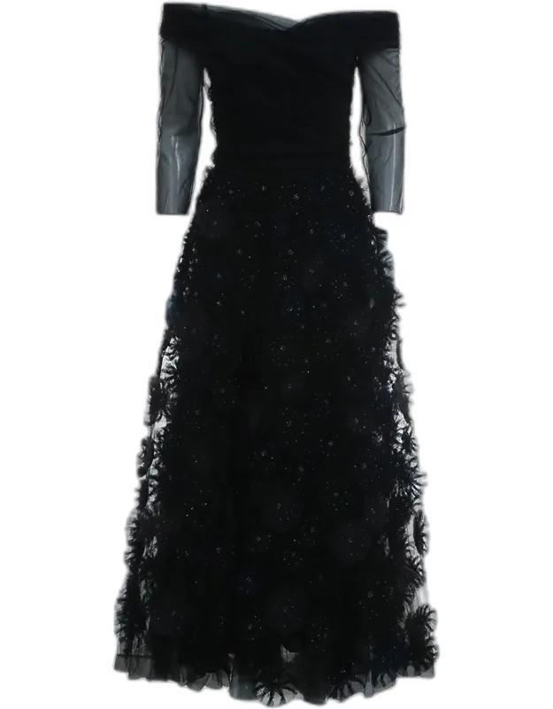 Long Sleeve Sheer Floral-applique Dress
