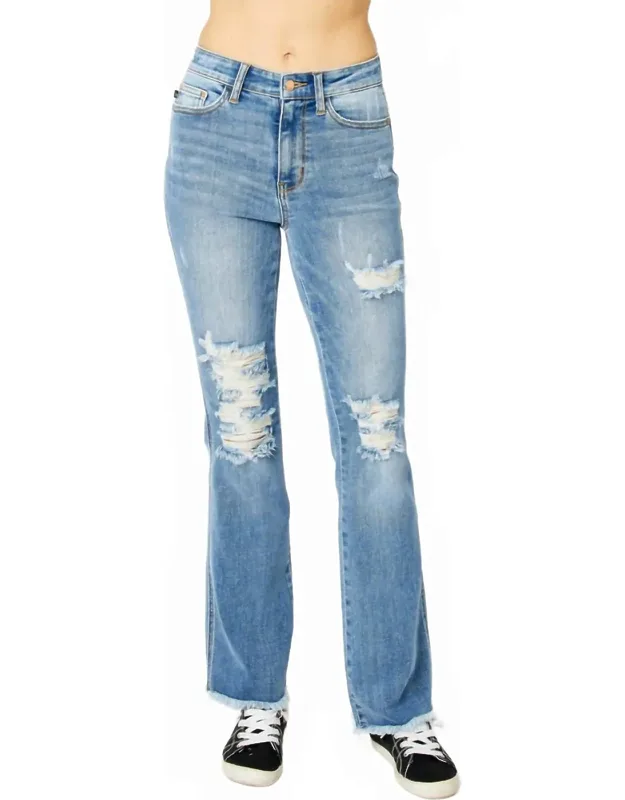 High Waist Destroyed Fray Hem Bootcut Jeans