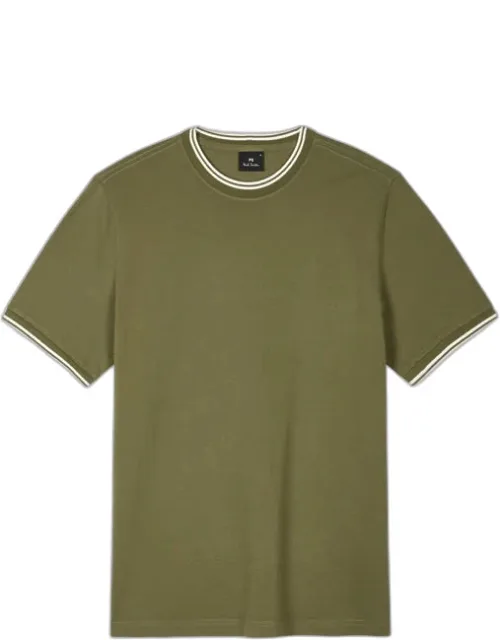 Khaki Contrast Stripe Cotton T-shirt