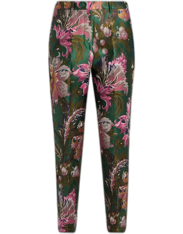 Floral Jacquard Slim-leg Ankle Trousers