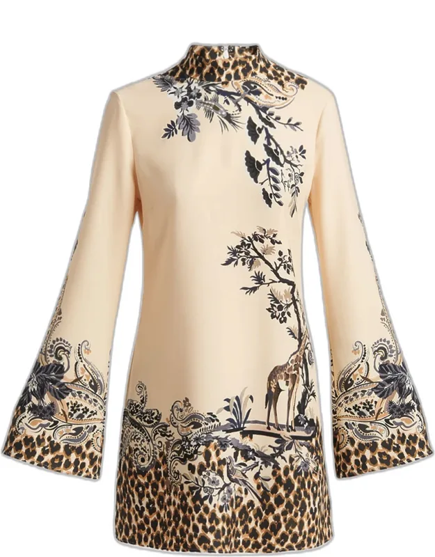 Paisley Animal-print Flare-sleeve Mini Dress