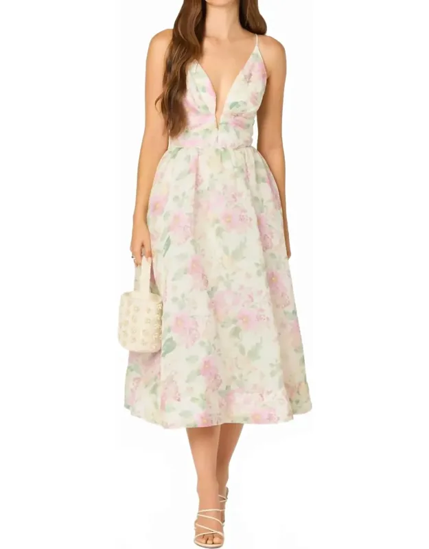 Janna Floral Midi Dress With Adjustable Spaghetti Straps And Plunging V-neckline