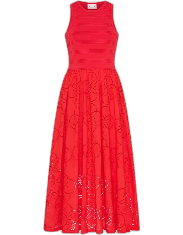 Eyelet-embroidered Mixed Media Midi Dress