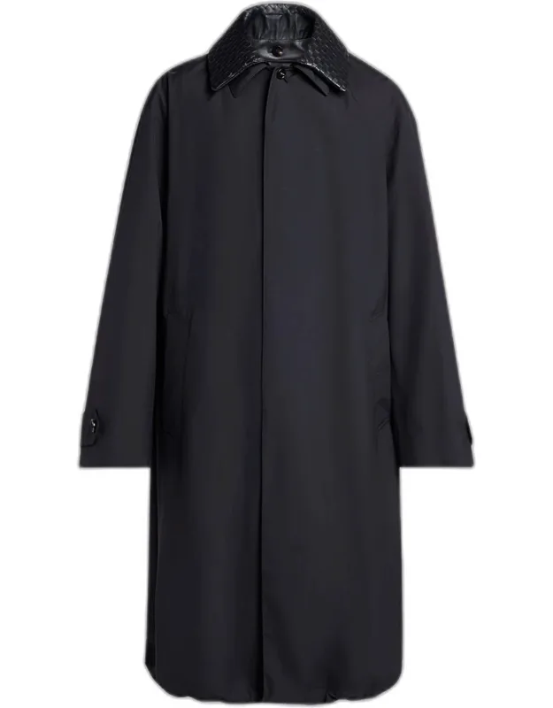 Leather Intrecciato-collar Overcoat