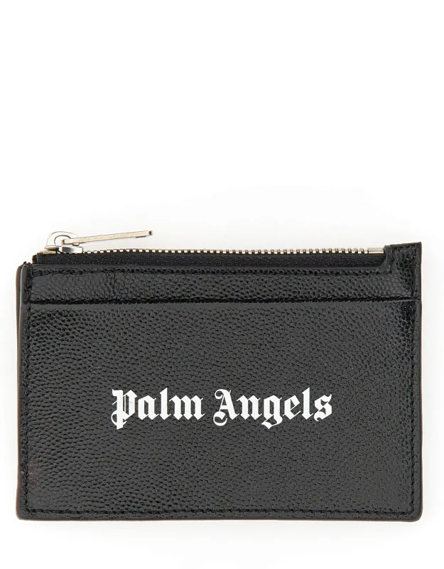 Palm Angels Caviar Card Holder With Zipper Closure And Front Logo Print