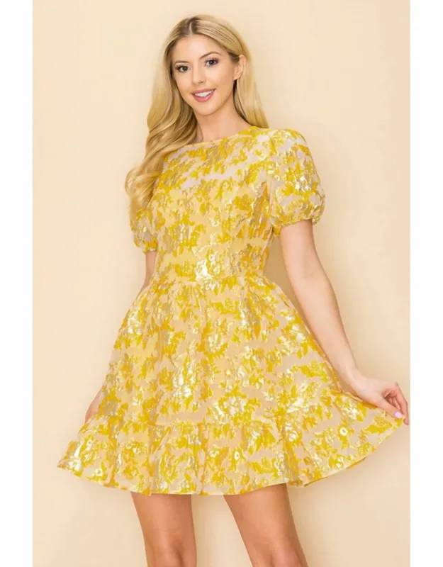 Jacquard Puff Sleeve Mini Dress