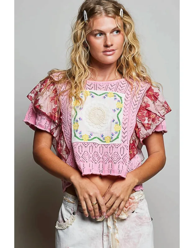 Pointelle Knit Swing Patchwork Sweater Top