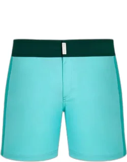 Stretch Swim Trunks With Flat Belt And Color Block