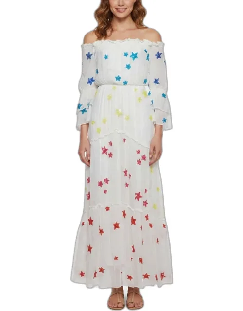Rococo Sand Embellished Crepe Off Shoulder Maxi Dress