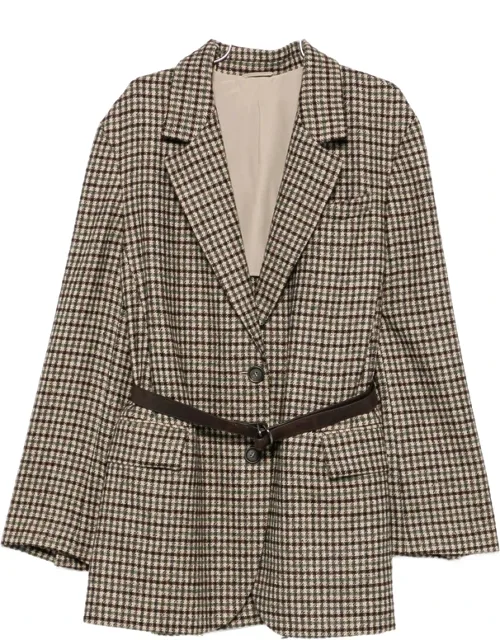 Check-pattern Belted Blazer