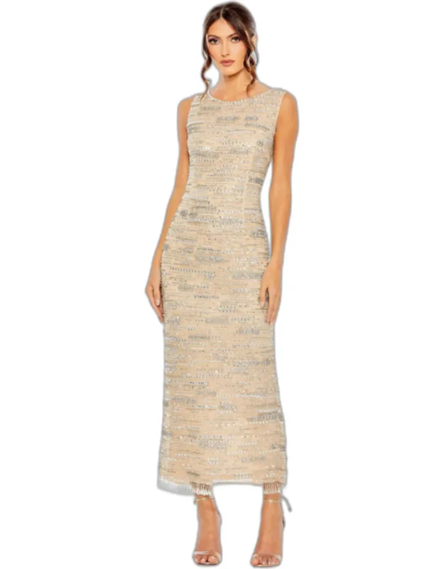 Sleeveless Embellished Dress With Fringe Hem