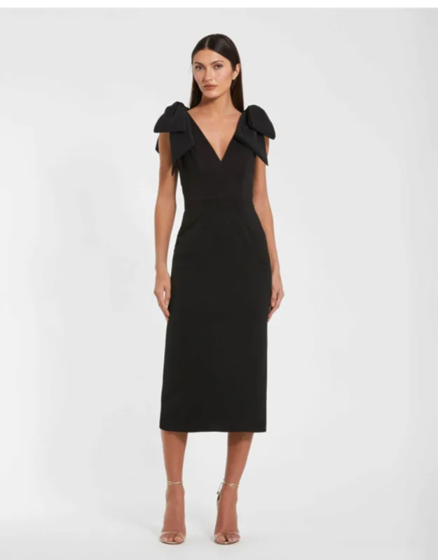 Petite Bow Strap Crepe Fitted Midi Dress