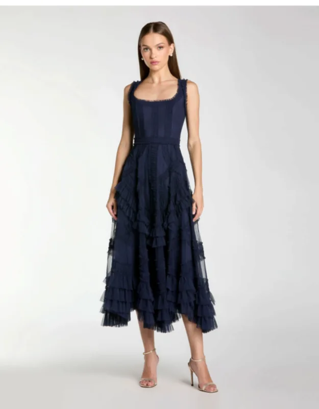 Scoop Neck Sleeveless Micro Ruffle Midi Dress