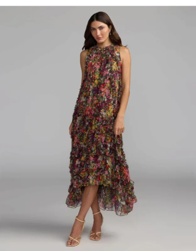 Sleeveless Floral Micro Ruffle Trapeze Midi Dress