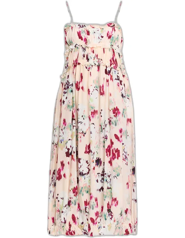 Ruffled Floral Silk A-line Midi Dress