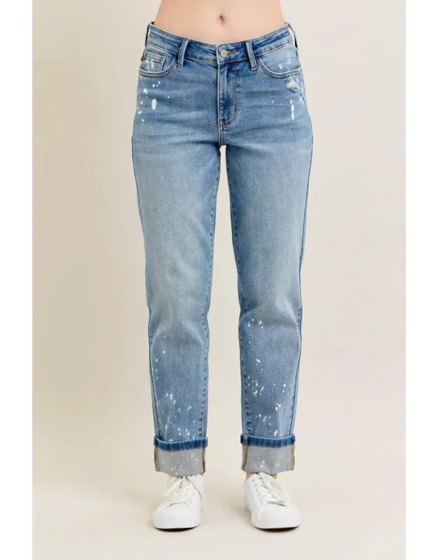 Splash Of Style Mid Rise Bleach Splatter Boyfriend Jeans