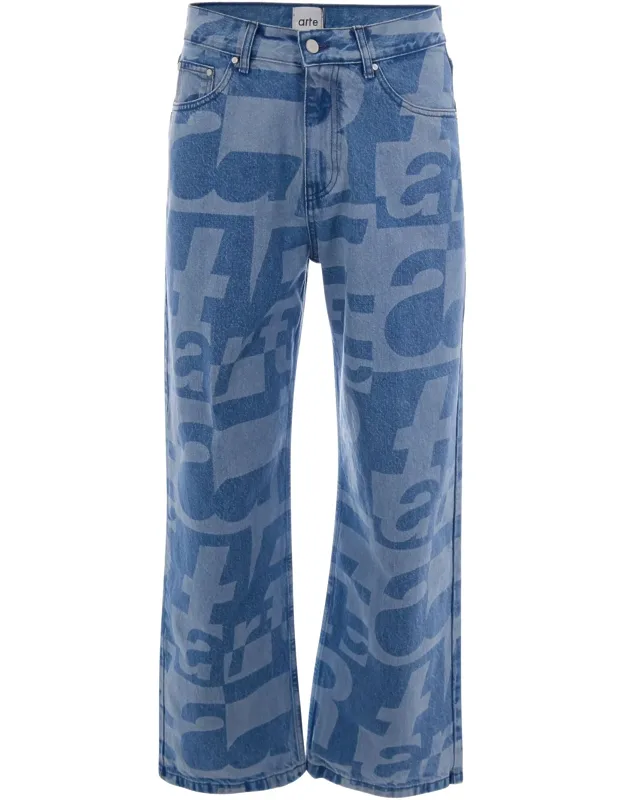 Allover Raw Denim Jeans With Abstract Letter Print