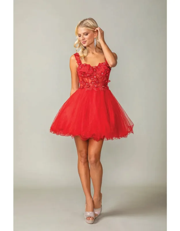 Floral Lace Applique Tulle Dress With Illusion Neckline And Layered Skirt