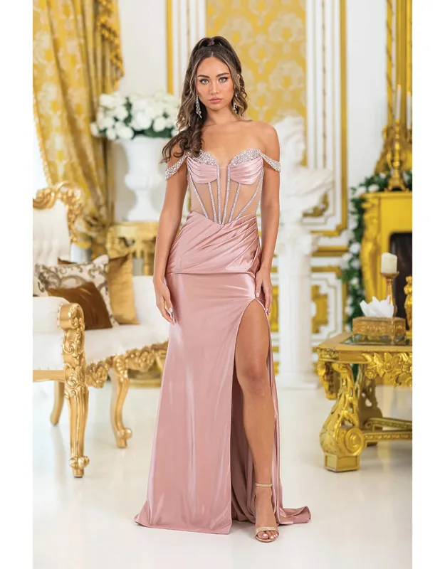 Satin Prom Dress With Crystal Embellished Sheer Bodice, Sweetheart Neckline, And High Slit Skirt.