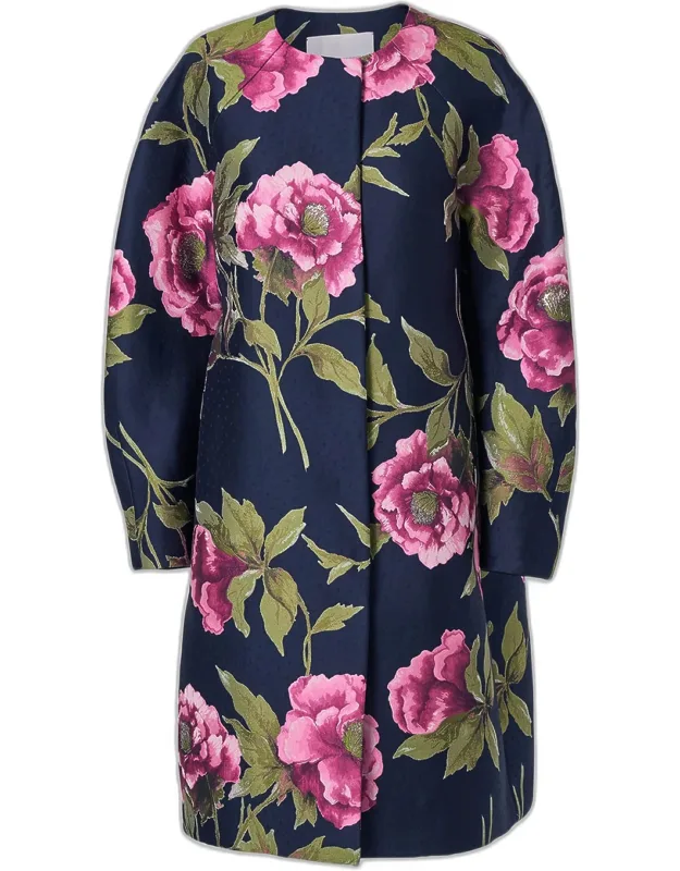 Floral Collarless Cocoon Coat