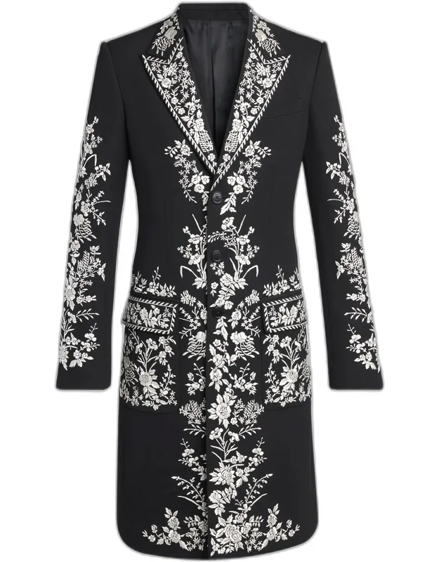 Wool Embroidered Peak Lapel Overcoat